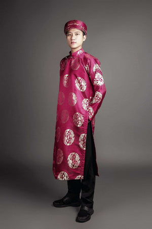 Mark&Vy Ao Dai ao dai Men's ao dai Vietnamese traditional tunic for wedding, graduation etc. Wine color silk brocade fabric ao dai and matching hat/turban.