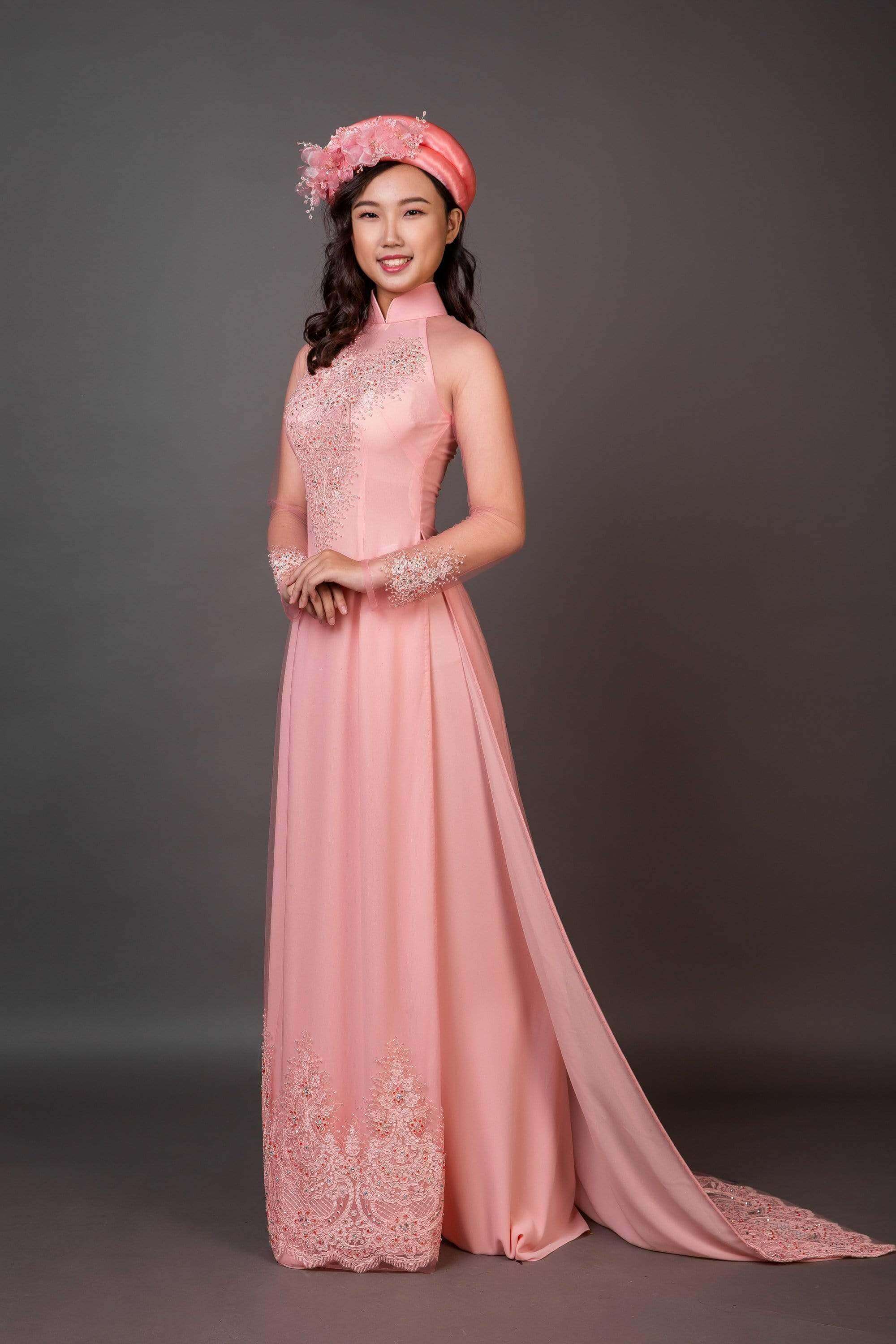 Mark&Vy Ao Dai Wedding ao dai with long train. Pale pink lace and chiffon fabric.
